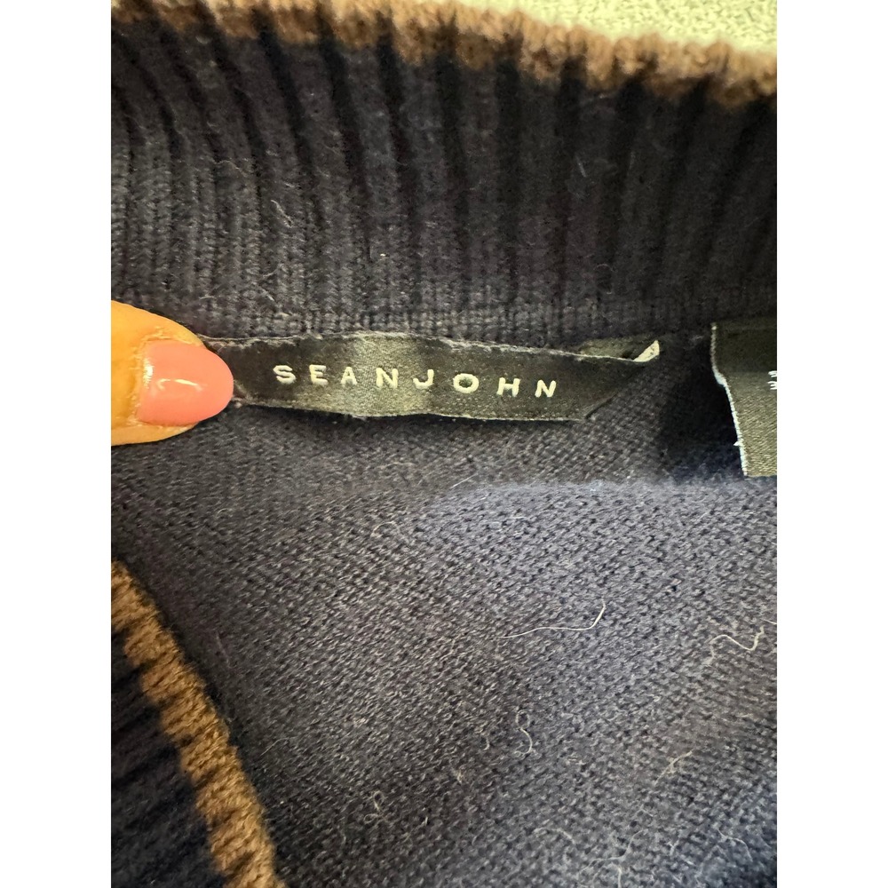 Sean John V Neck Sweater Mens 3XL Navy Blue Good Fair Isle Geometric Pullover - Picture 7 of 11